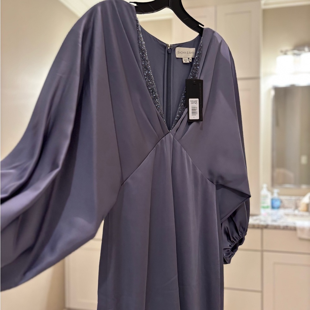 Sachin and Babi Gabby satin gray beaded necklace gown